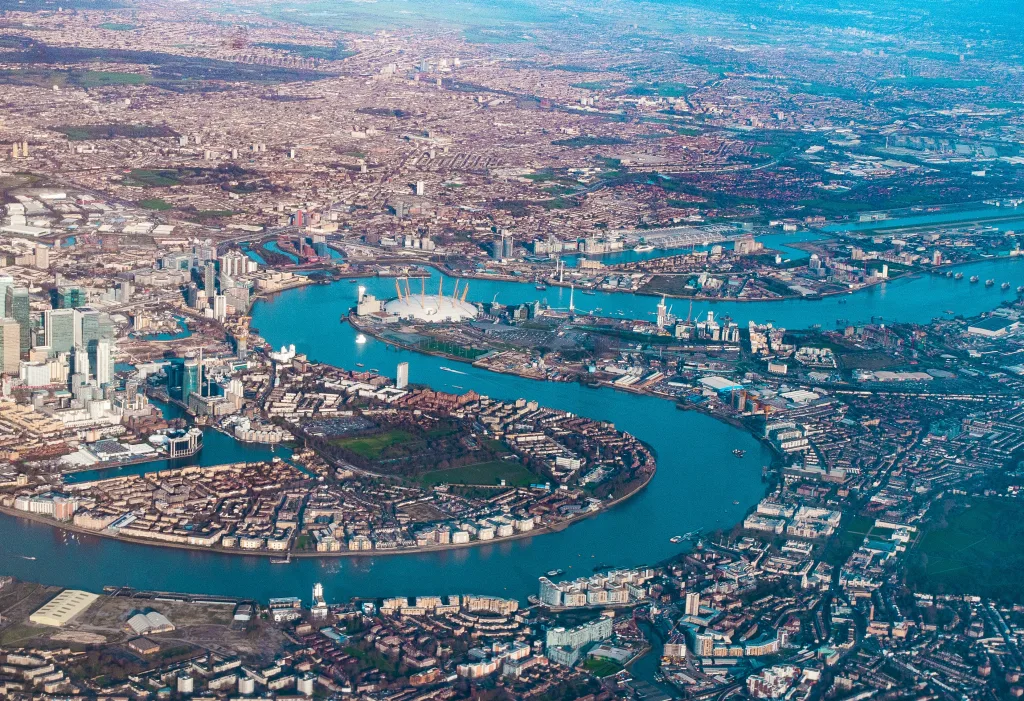 Aerial view of Dockland, O2 Arena, River Thames and East London, UK