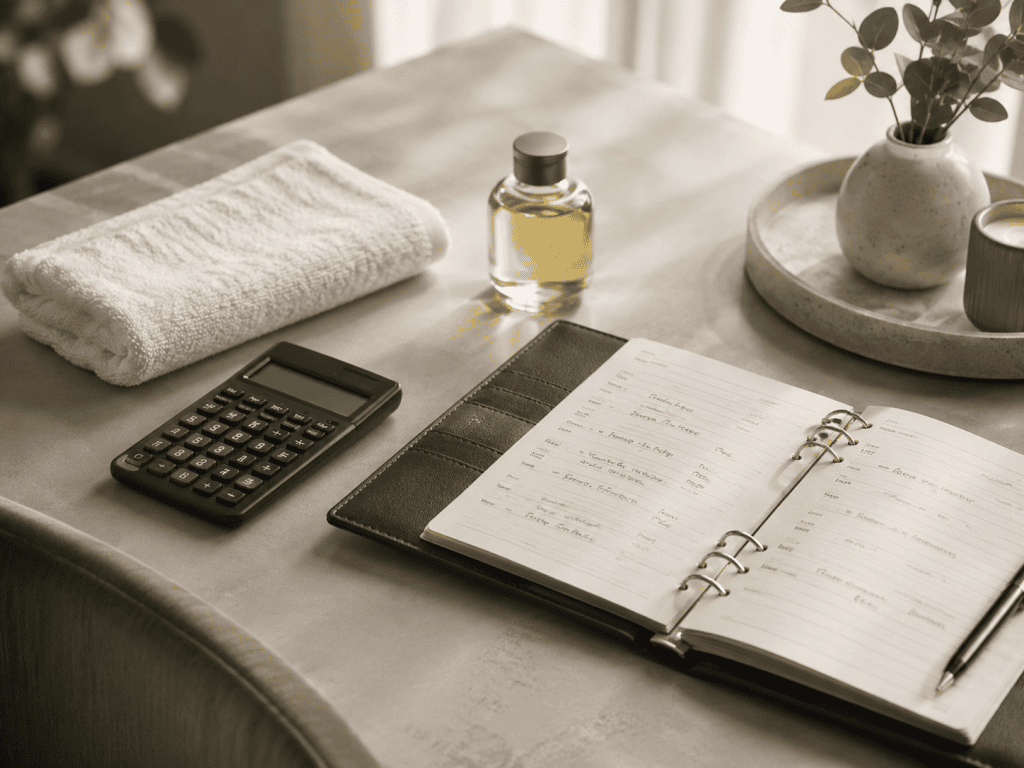 Alt text suggestion: Calculator and open appointment book on a therapist's desk in soft natural light