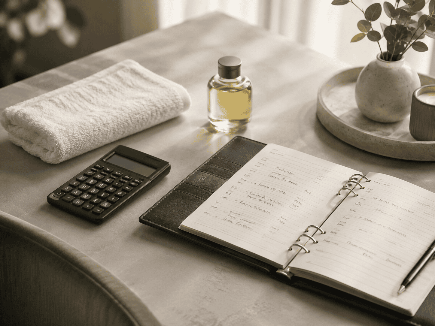 Alt text suggestion: Calculator and open appointment book on a therapist's desk in soft natural light