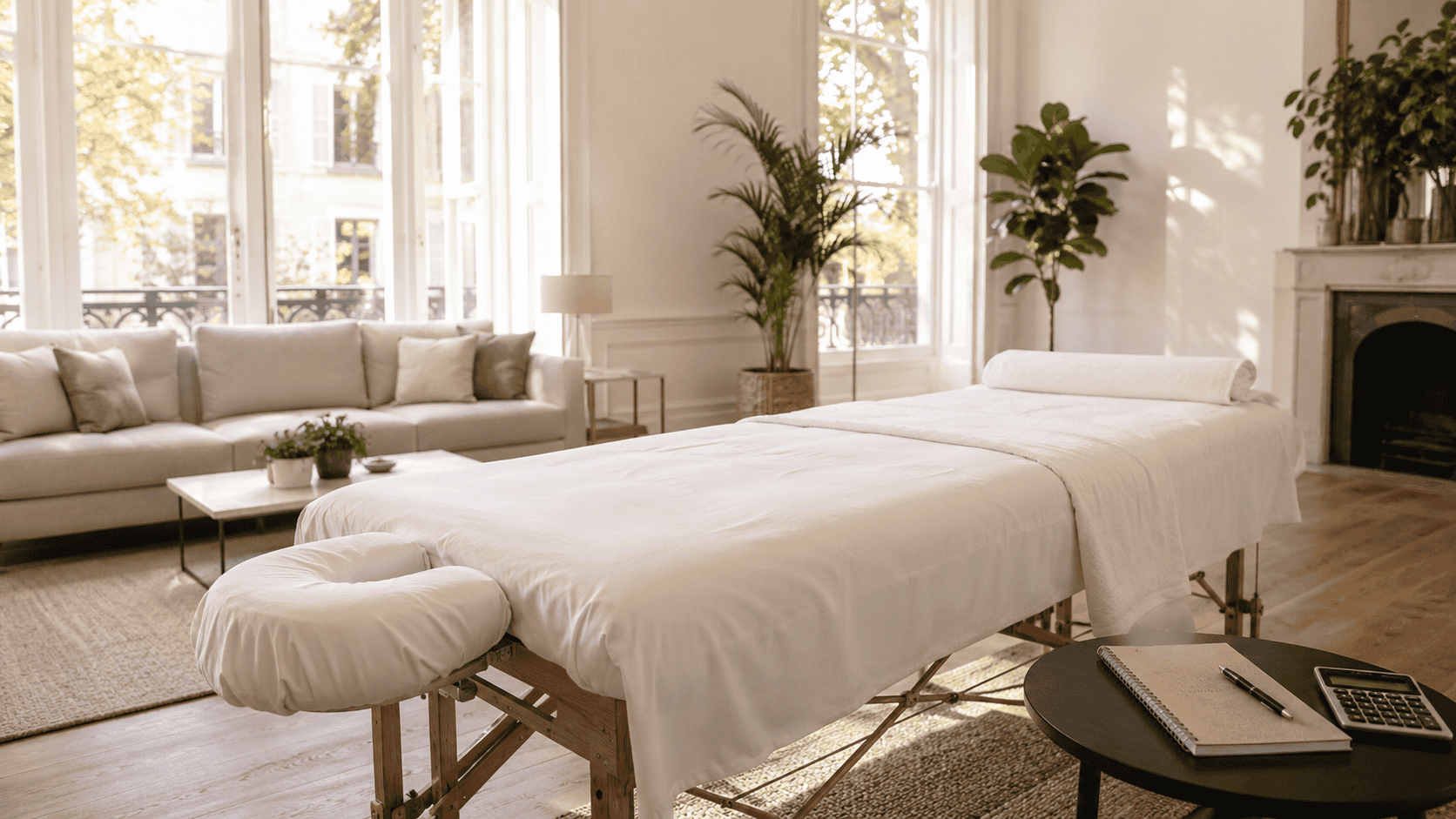 Alt text suggestion: Professional massage treatment table set up in a London home beside a therapist's diary